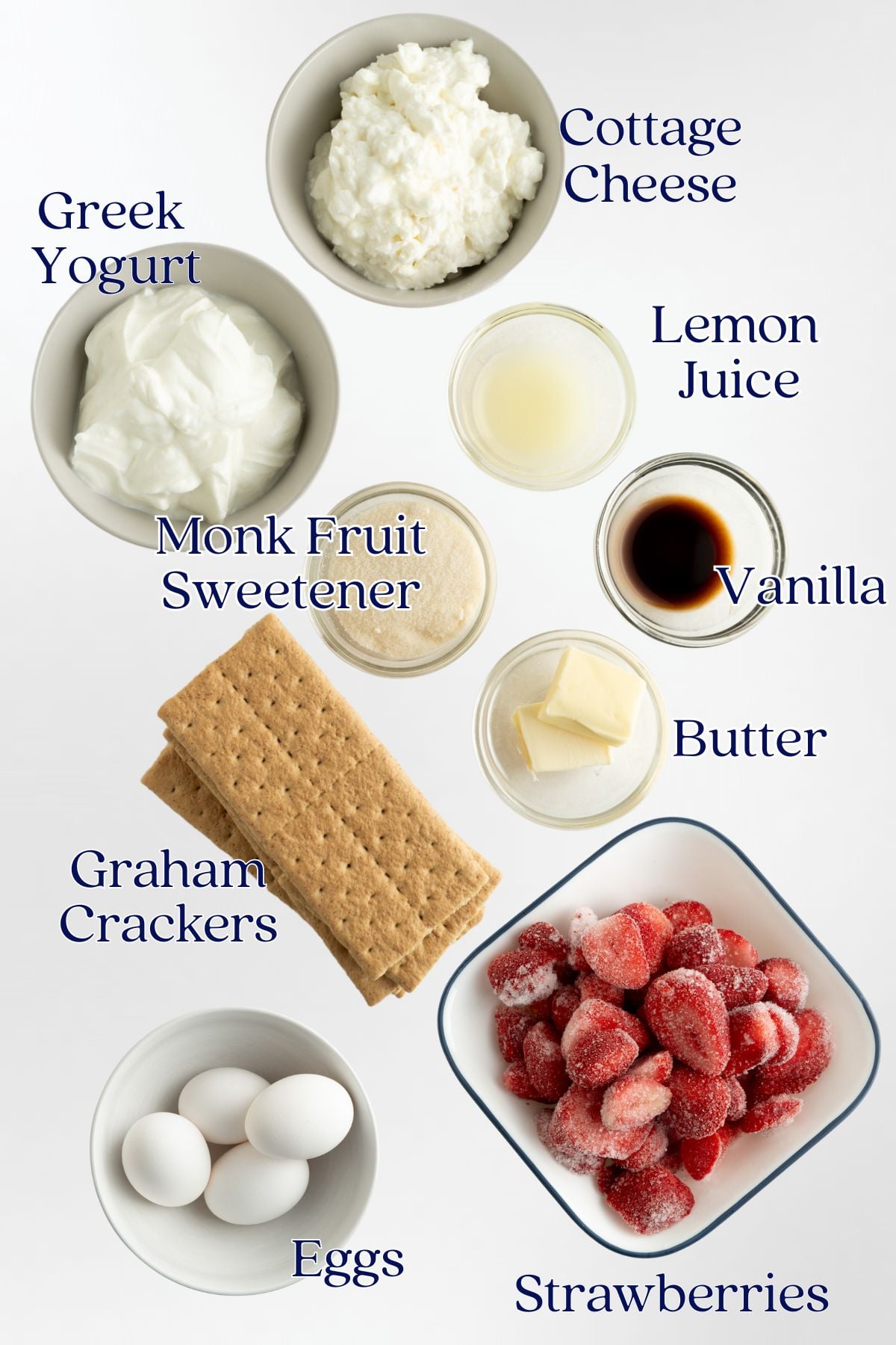 Ingredients shown for a cheesecake recipe made with cottage cheese.