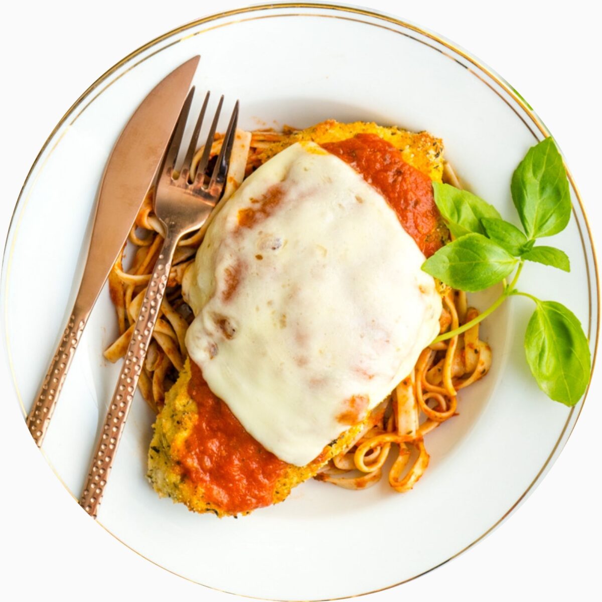 Chicken parm in a circle frame.