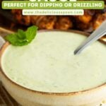 Pinterest pin showing a yogurt mint sauce in a bowl.