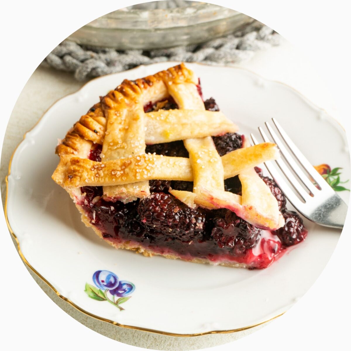 Blackberry pie in a circle frame.