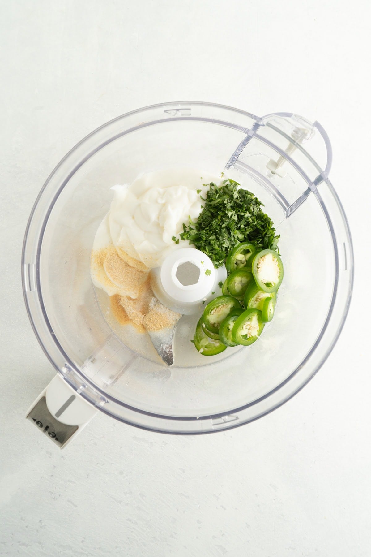 Jalapeno Dressing ingredients in a food processor.