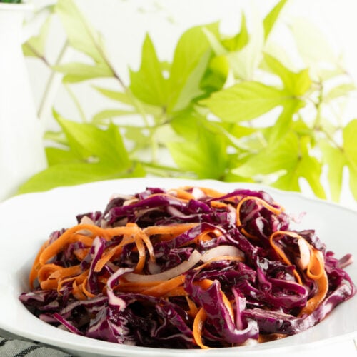 A bowl of purple cabbage cole slaw on a table with greenery.