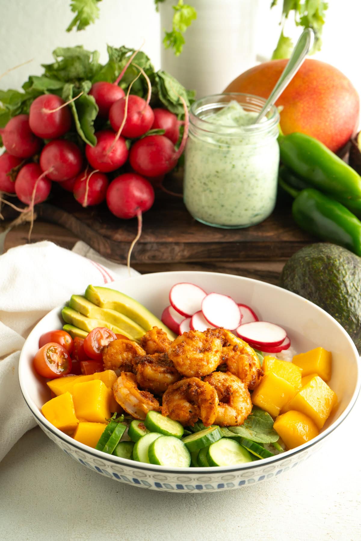 An assembled shrimp bowl without the dressing.