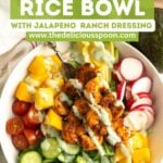 Pinterest pin for a mango shrimp rice bowl from overhead.