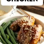 Pinterest pin showing teriyaki chicken thighs.