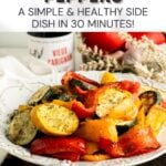 Pinterest pin showing a bowl of roasted vegetables.