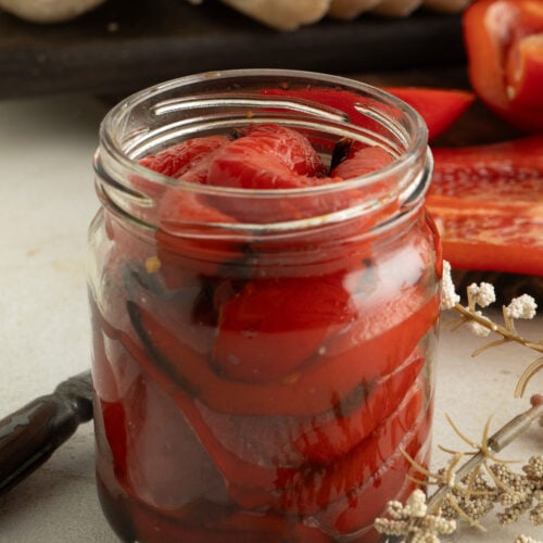 A jar of roasted red peppers