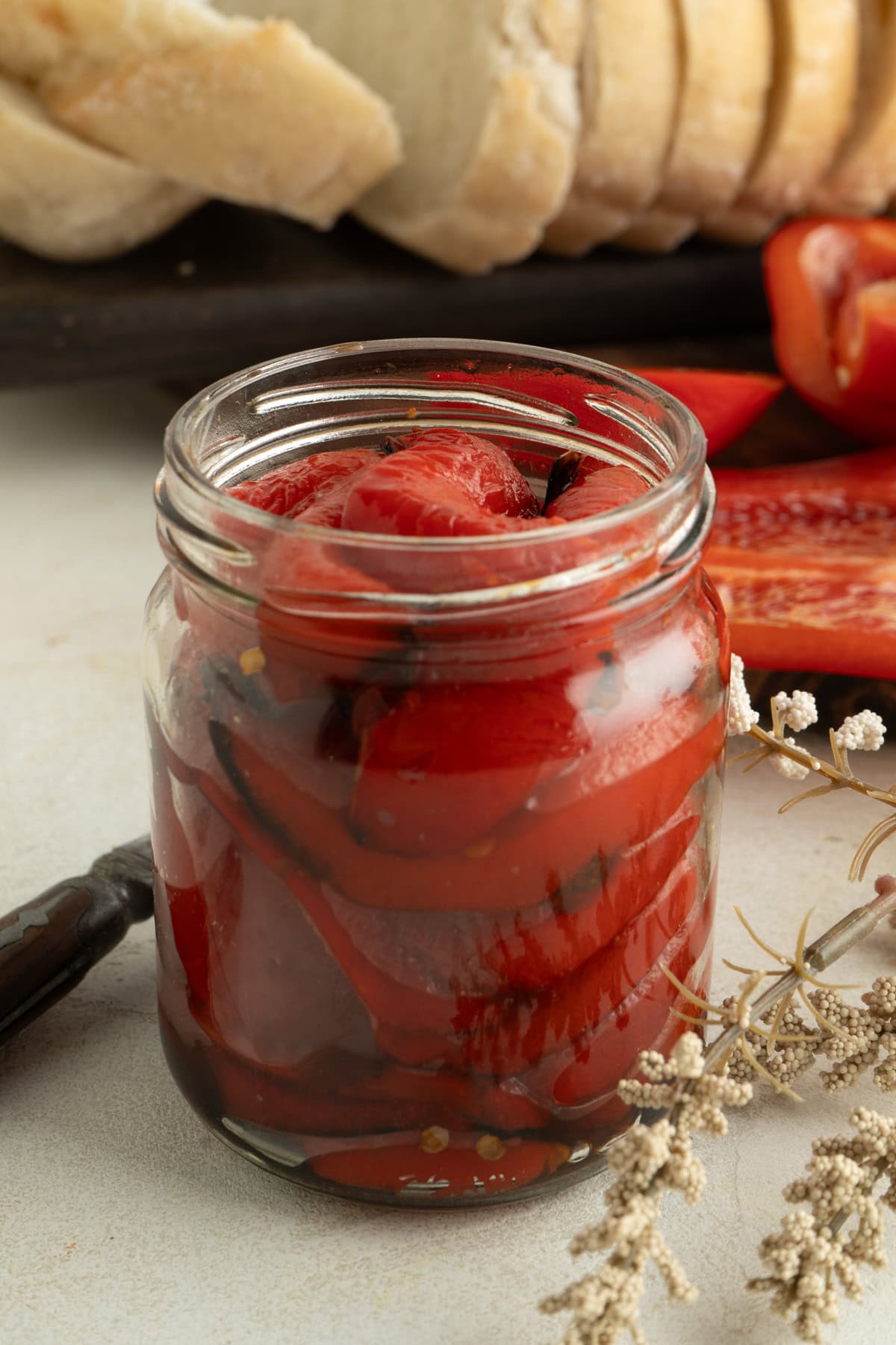 A jar of roasted red peppers