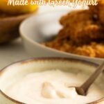 Pinterest pin for a Greek yogurt sauce made with peri peri.