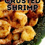 Pinterest pin showing a bowl of panko shrimp.