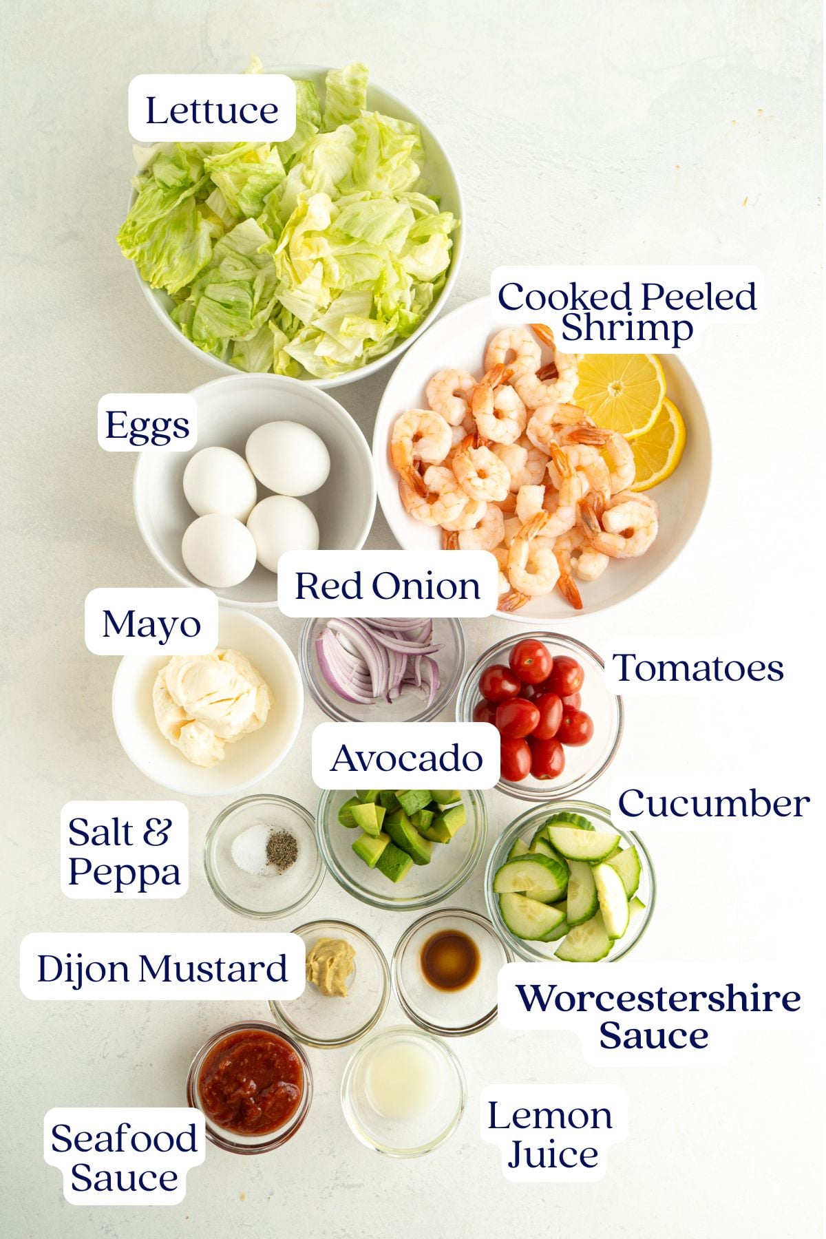 Ingredients shown for a Shrimp Louie Salad.