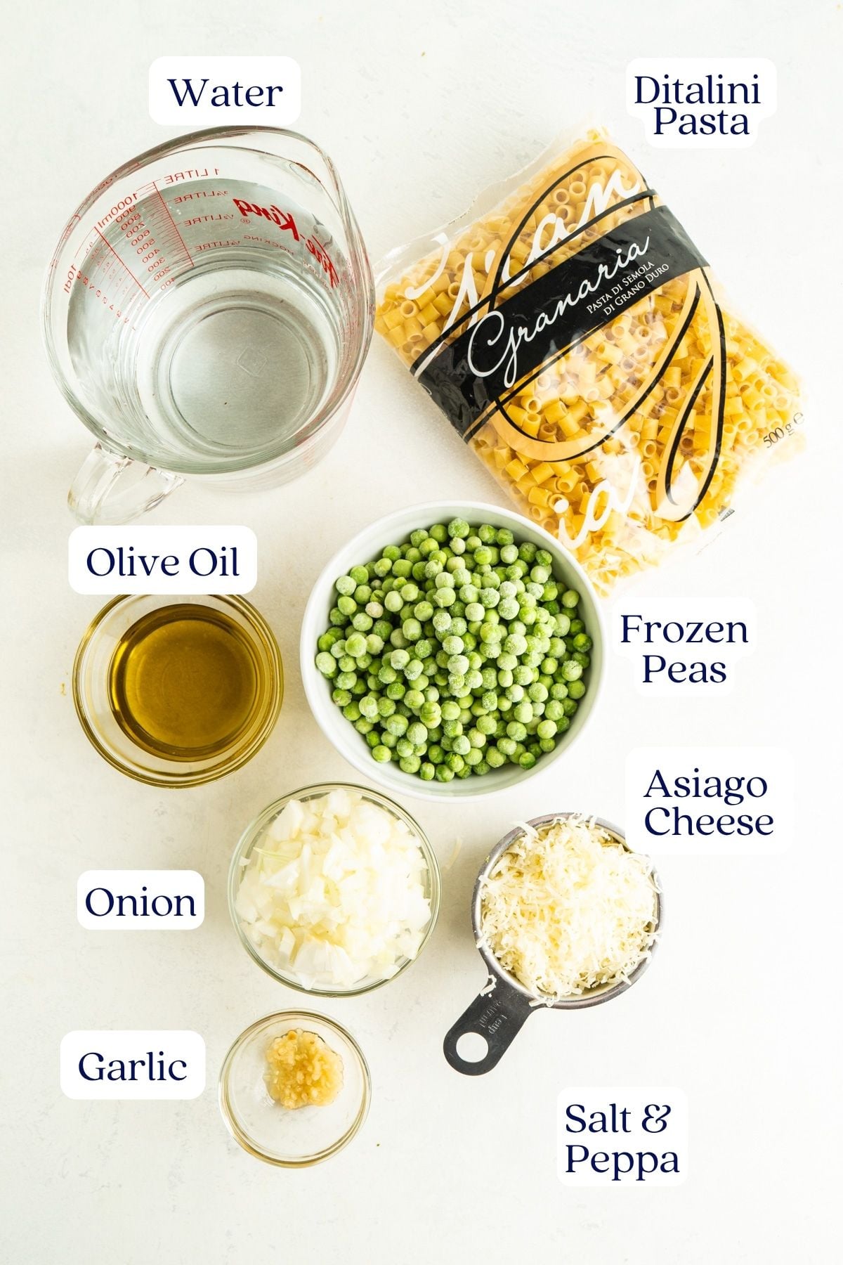 Italian pasta and peas ingredients.
