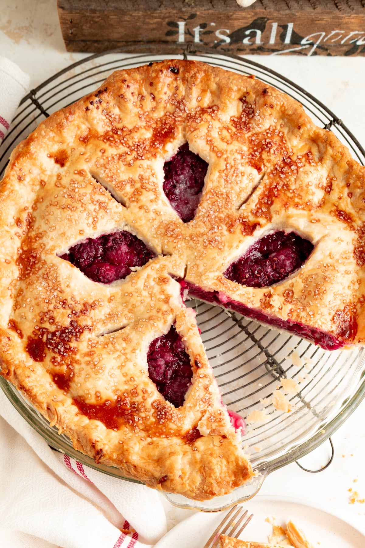 A pie from overhead with a slice removed.