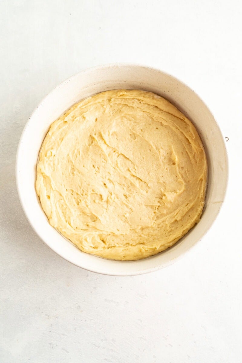 Cake batter in a springform pan.