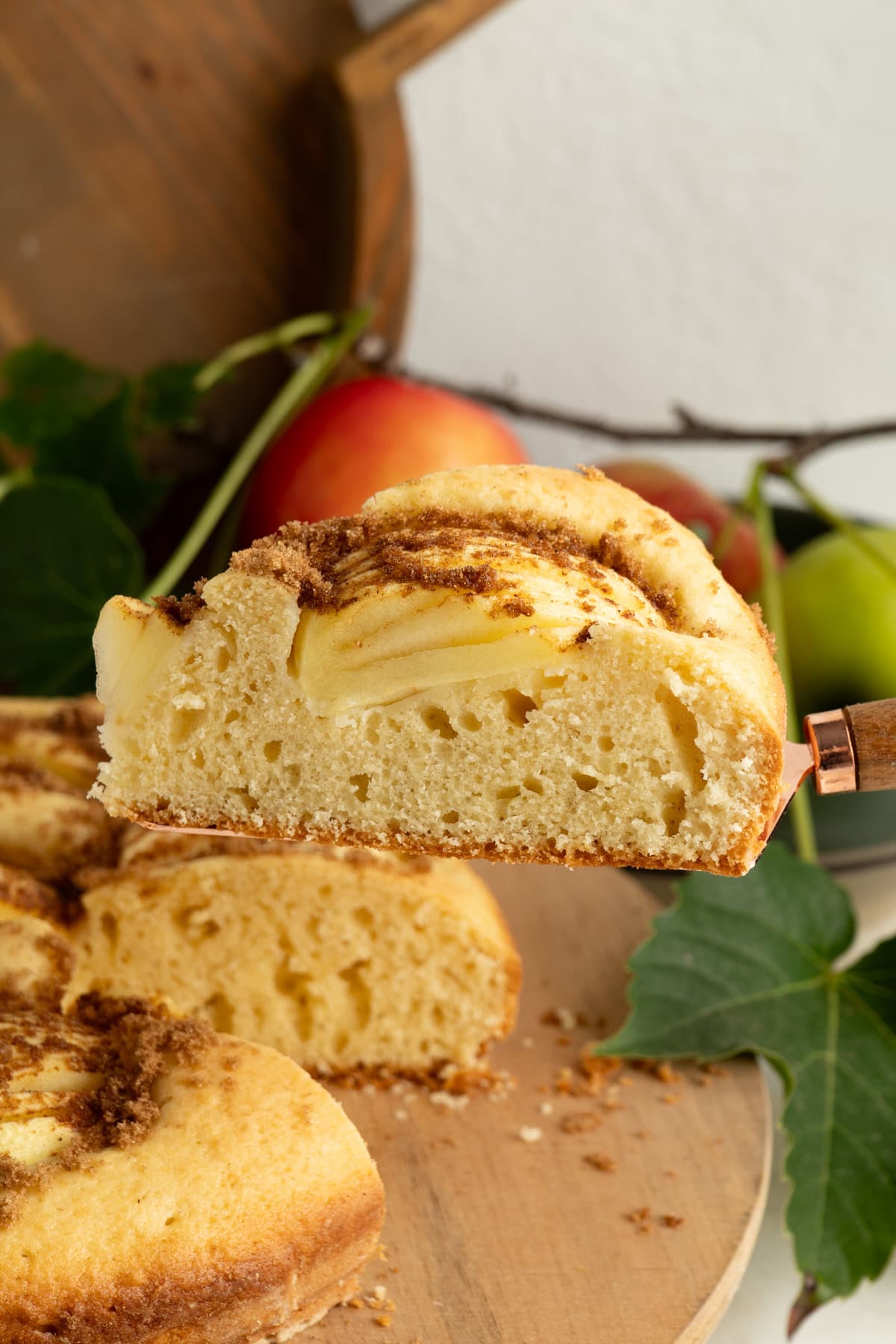 A slice of German Apple Cake on a cake server.