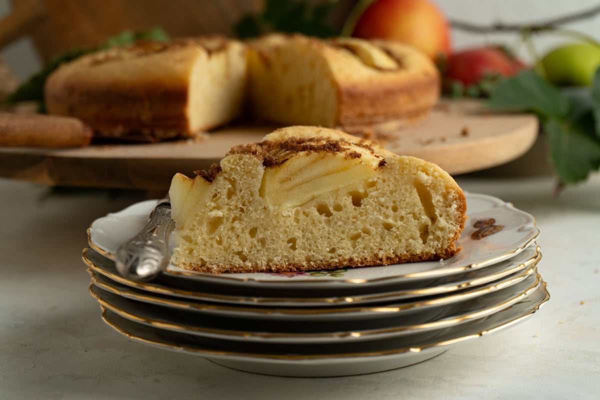 A slice of Apfelkuchen on a plate.