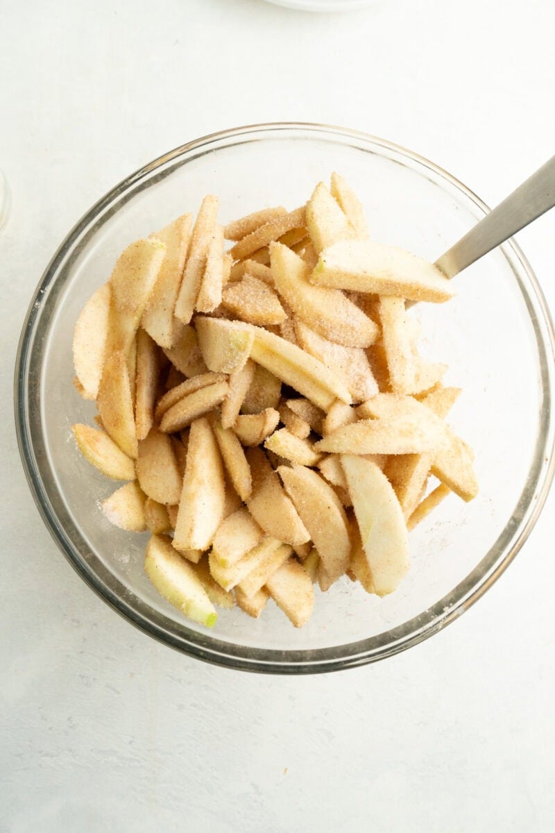 A bowl of sliced apples covered in cinnamon sugar.